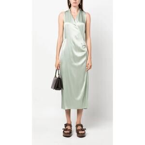 Vince Satin-Finish V-Neck Wrap Dress Sage Green Medium Midi Chic Silky